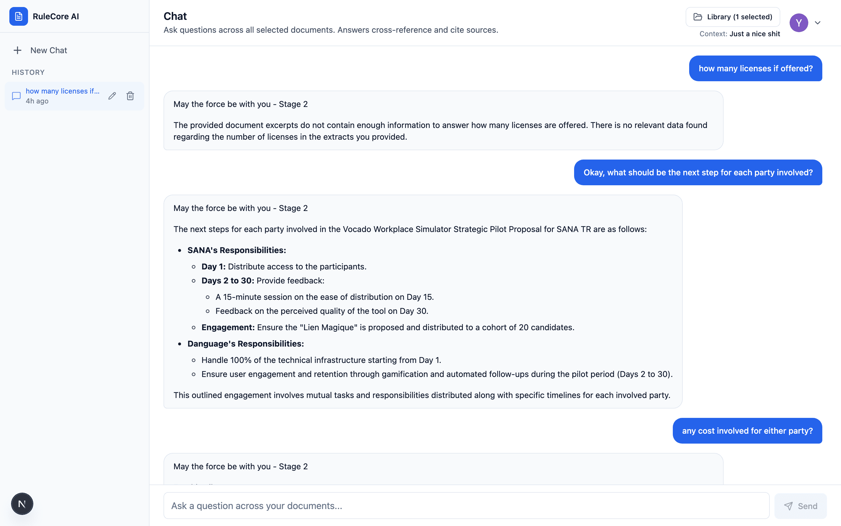 RuleCore AI answer with expandable source citations and View Source Excerpt